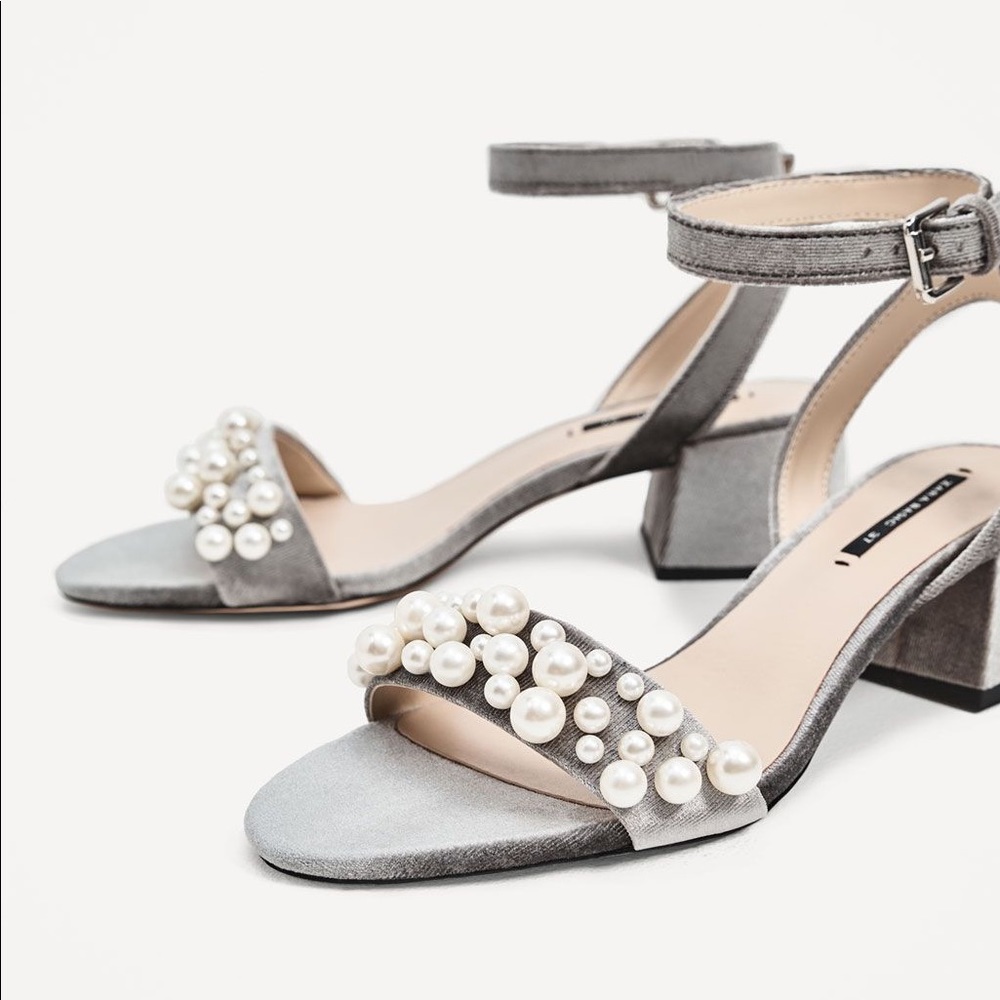 ZARA Grey Velvet Sandals with Pearl Appliqué